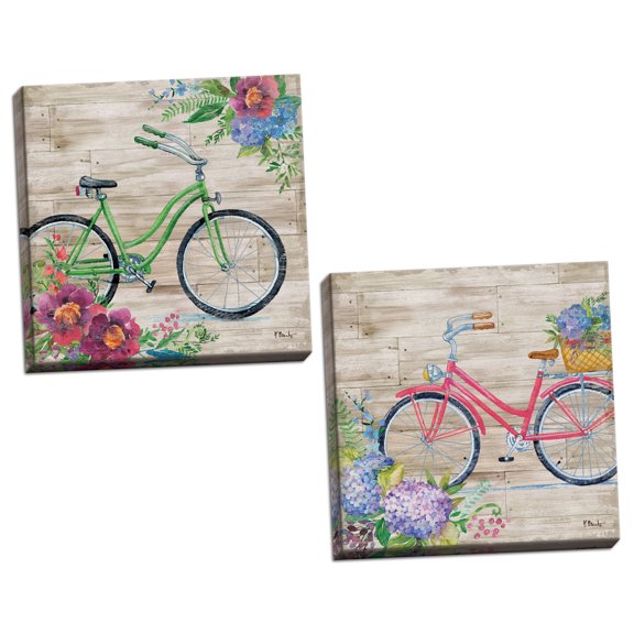 Gango Home Decor Country-Rustic Bicyle Decor | Brown, Pink & Green Bike & Hydrangea Floral; Two 12x12in Hand-Stretched Canvases