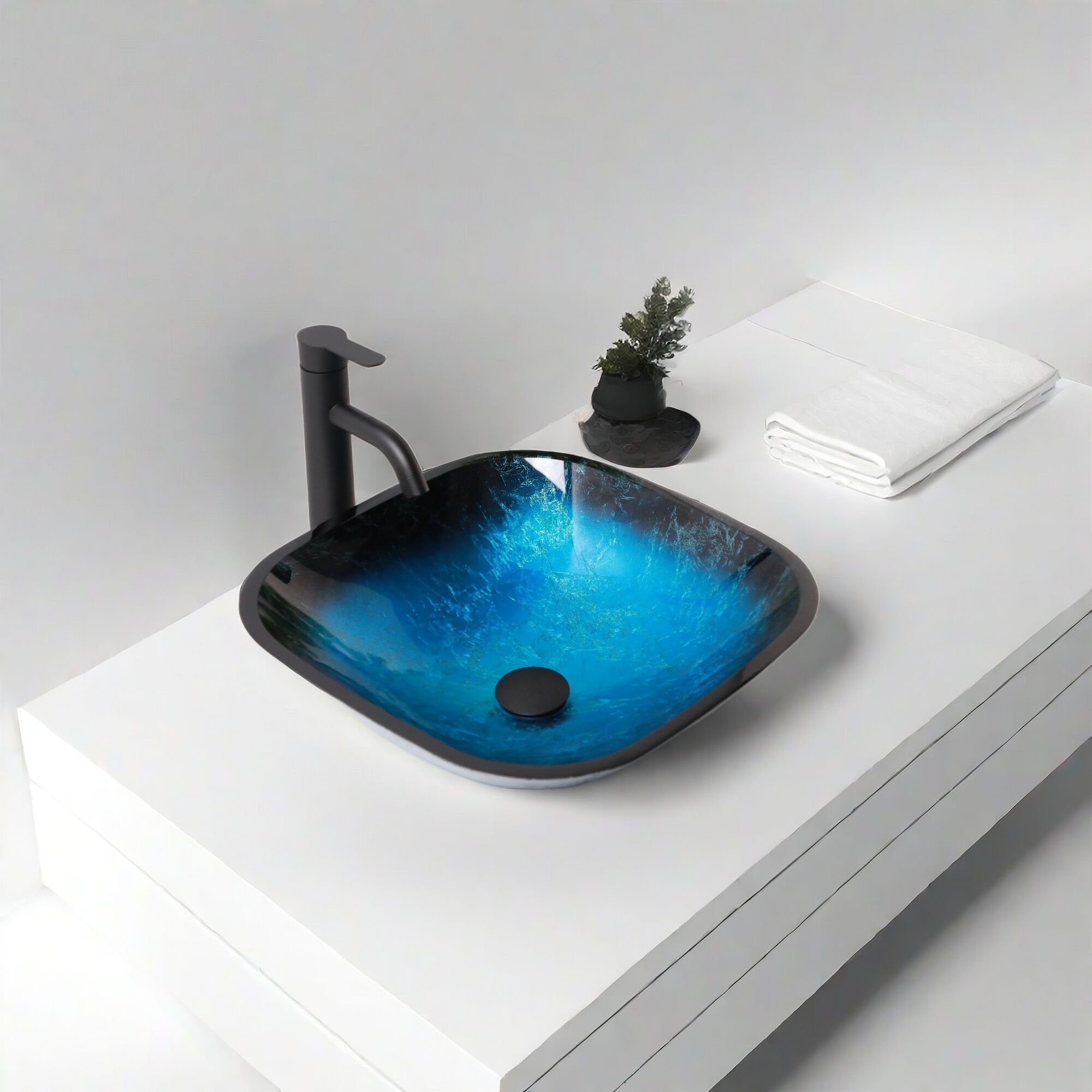 Bathroom Vanity Bathroom Artistic Tempered Glass Vessel Bathroom Sink with Faucet and Pop-up Drain, Blue,Vanity With Sink