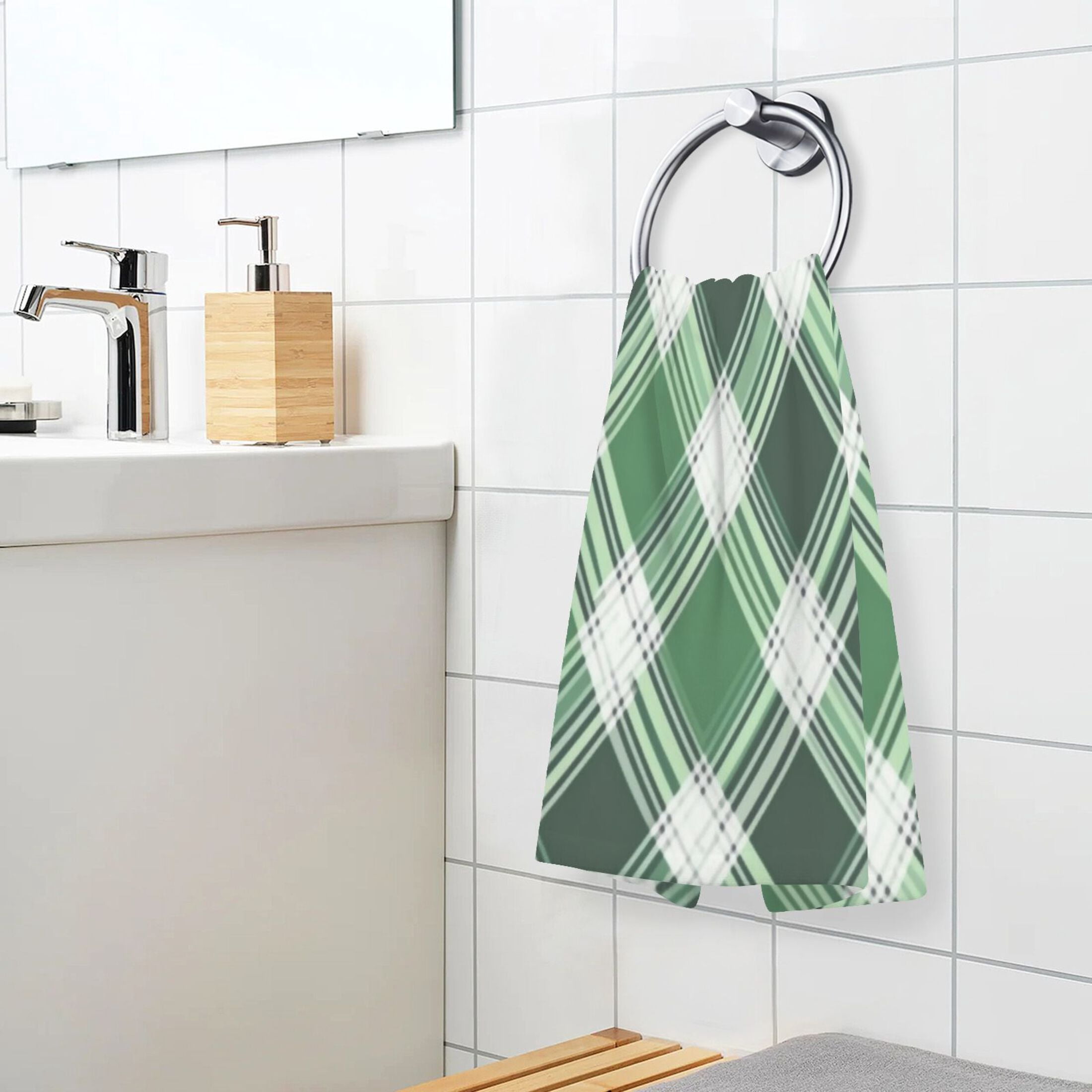 2 Pcs Absorbent Face Towel Bath Hand Towels Soft Breathable Cotton Towel Set for Bathroom Kitchen Hotel Spa Decor Green Plaid