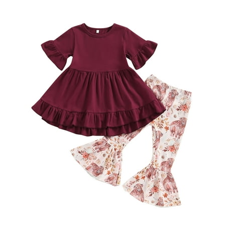 

Arvbitana Toddler Girls Clothes Set Solid Color Short Sleeve Crew Neck Tops and Floral Boots/Cattle Print Flare Pants 2Pcs Suit