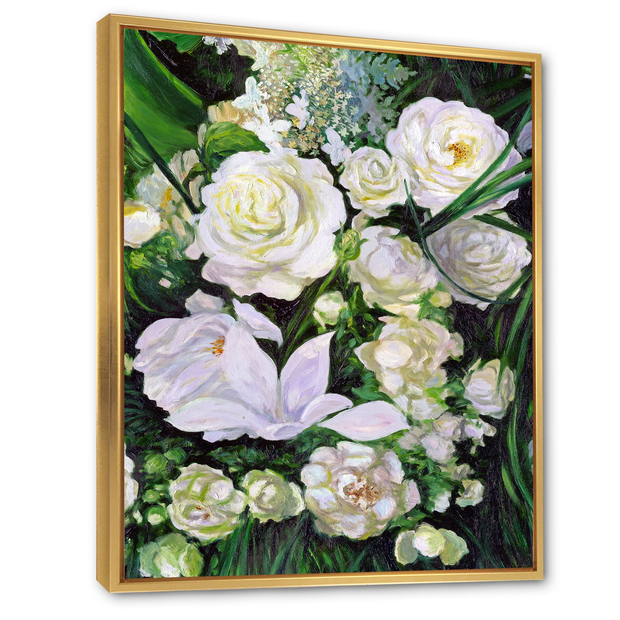 Bouquet Of White Roses With Green Leaves 12 in x 20 in Framed Painting Canvas Art Print, by Designart