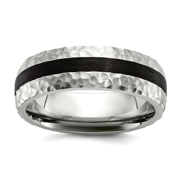 Stainless Steel Brushed and Hammered Black Carbon Fiber 7mm Band Size 11 Ring for Women and Men