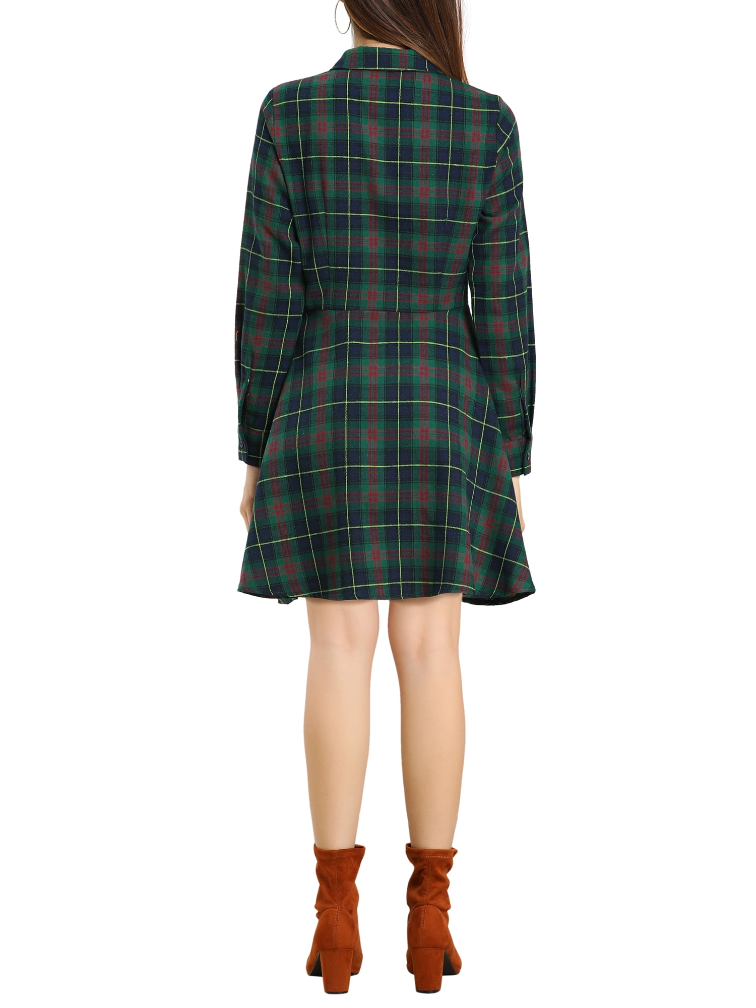 Unique Bargains Women's Plaid Point Collar Full Placket Long Sleeve Fit and Flare Dress
