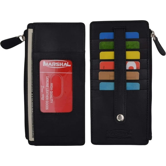 RFID Blocking Women's Wallet Vintage Leather All in One Card Case Holder Slim Wallet With a Card Protection Strap Black