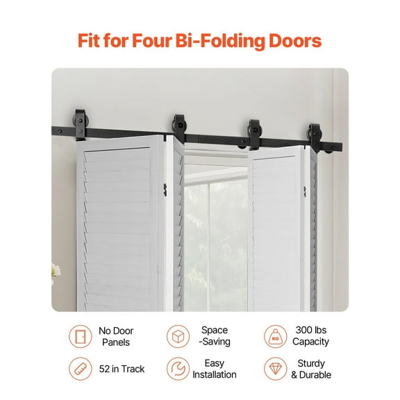 52" Barn Door Hardware Kit for Bi-Folding & Sliding Doors, Fits Four 12" Panels, Industrial Style, Easy Assembly