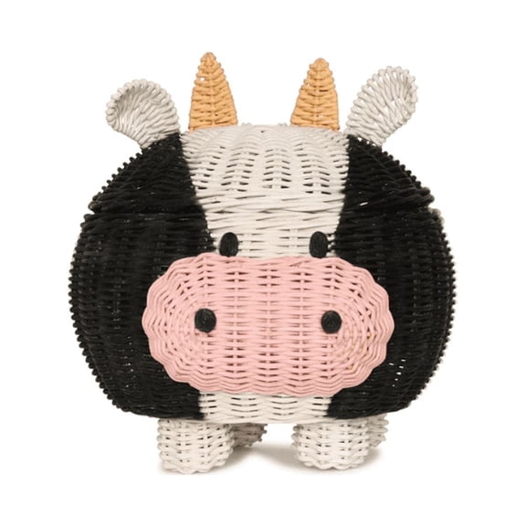 Cow Rattan Storage Basket with Lid Decorative Bin Home Decor Hand Woven Shelf Organizer Cute Handmade Handcrafted Gift Art Decoration Artwork Wicker
