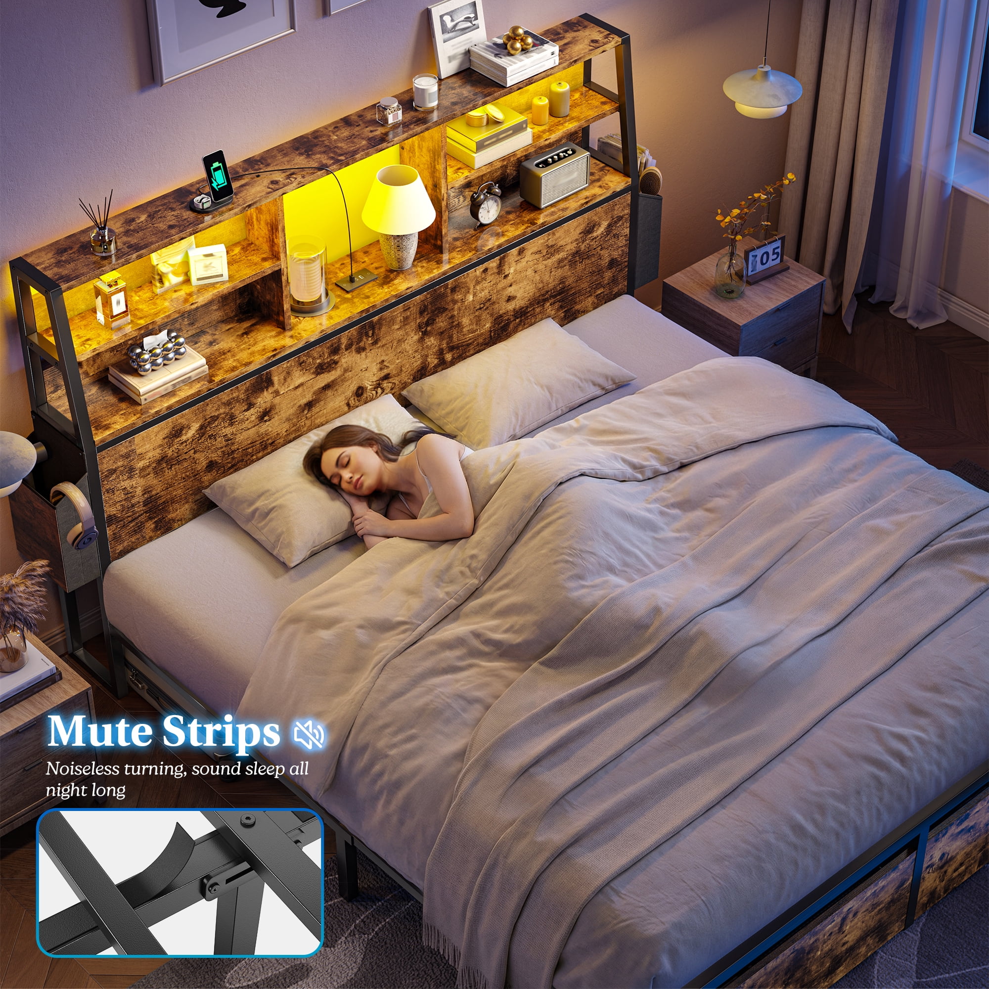 EnHomee Metal Bed Frame with 3-Tier Storage Headboard Queen Size Metal Bed Frame with 2 Underbed Drawers & 2 Bedside Fabric Drawers & LED Lights & Charge Station,Rustic Brown