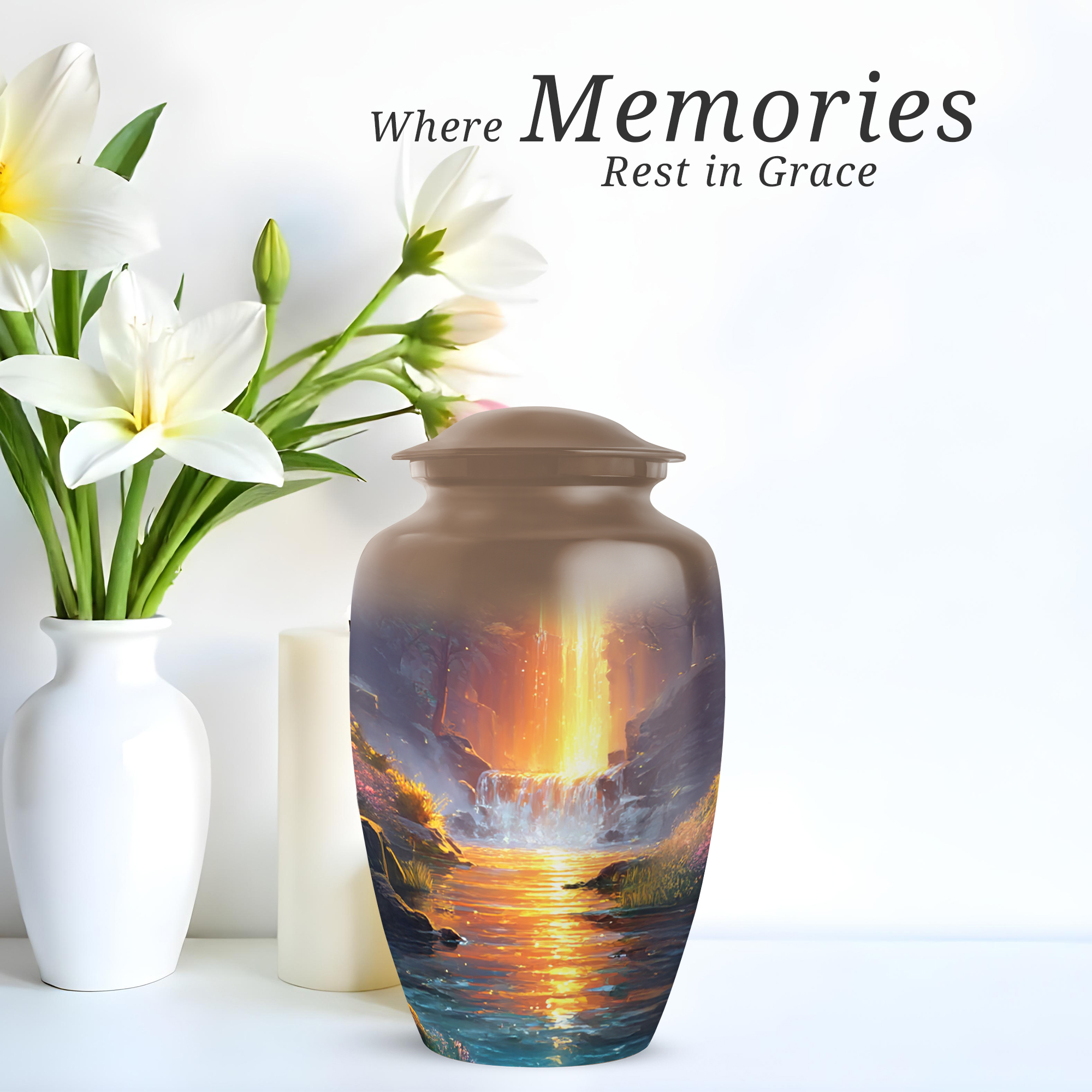 Waterfall Cremation Urn For Human Ashes Female, Brown Urn For Human Ashes Adult Male, Large Decorative Urns For Man And Woman, Funeral Urns For Adult Female Mother, 10 Inch