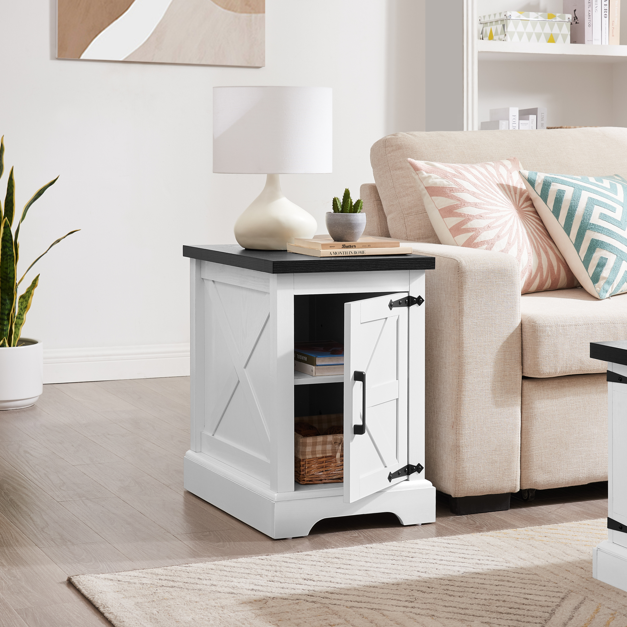 Leumius Farmhouse Nightstand, Rectangular End Table with Barn Door and Adjustable Storage Shelf, Rustic Sofa Side Table for Living Room, Bedroom White