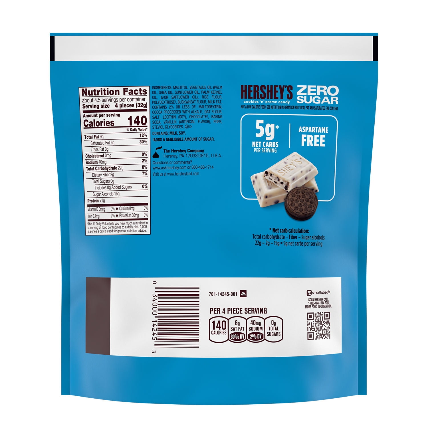 Hershey's Zero Sugar Cookies 'n' Creme Candy Bag, 5.1 oz