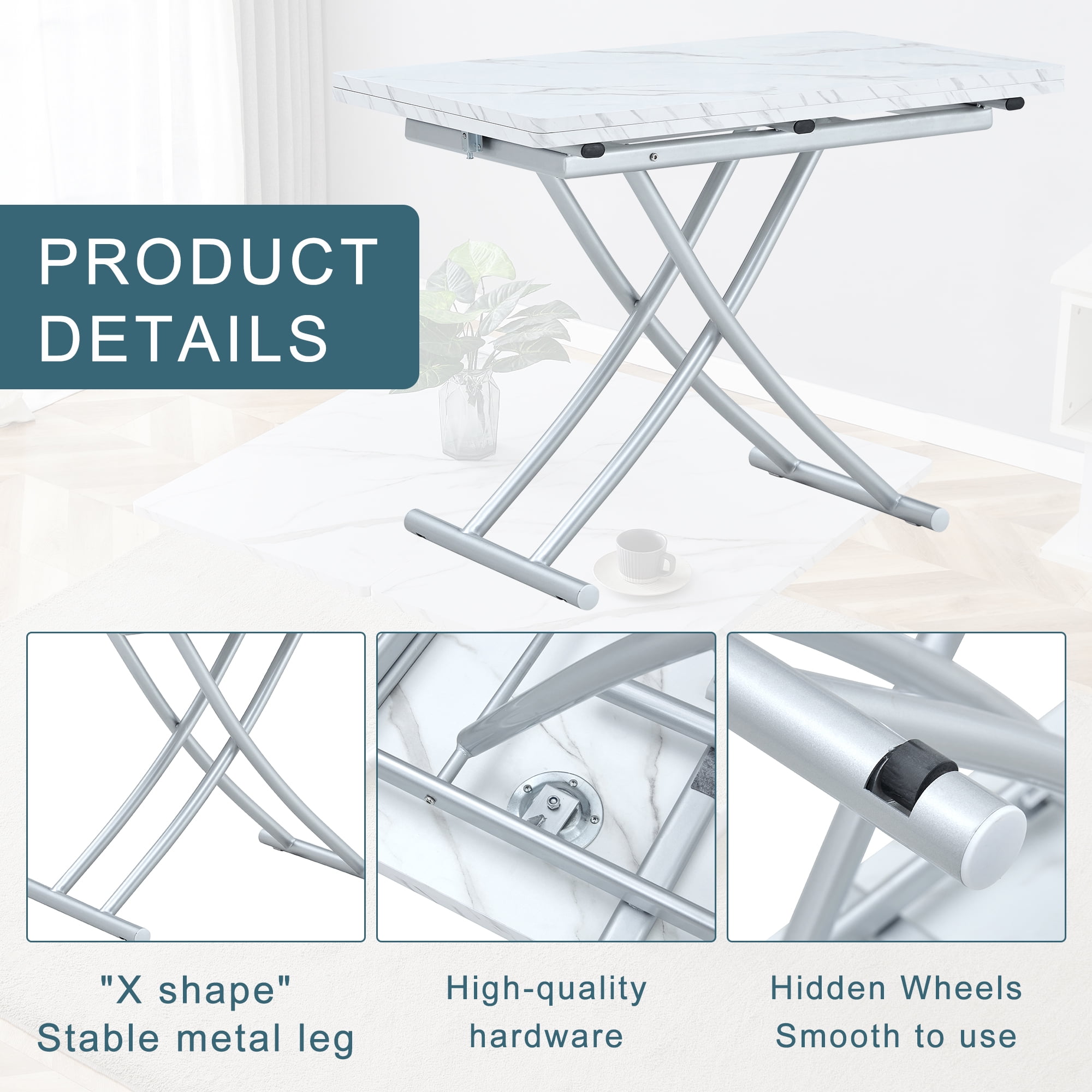 Multifunctional Lift Table With 0.8 Inch Thick Mdf Desktop And Silver Metal Legs, Can Be Used As A Dressing Table, Coffee Table, Dining Table, And Office Table.W1151126194