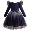 thumbnail image 2 of Girls Velvet and Tulle Dress, Long Sleeve Round Neck Princess Dress with Bow Waist, Kids Flower Girl Dress for Wedding, Birthday Party and Special Occasions Blue 3, 2 of 4