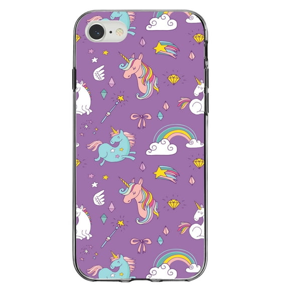 DistinctInk Clear Shockproof Hybrid Case for iPhone 7 8 SE (2020 Model) 4.7" Screen TPU Bumper Acrylic Back Tempered Glass Screen Protector - Unicorn Rainbow Wand Pattern - Purple