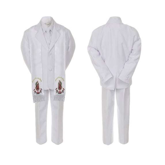 Baby Boy Christening Formal White Single Breasted Suit Silver Gold Guadalupe on Stole Sm-20