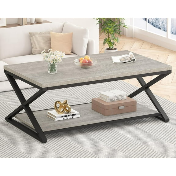 Coffee Table with Storage, Farmhouse Grey Living Room Center Table, Industrial Wood and Metal Rectangle Coffee Tables, Simple Rustic 2 Tie Cocktail Tea Table for Home Office Bedroom, 47 Inch
