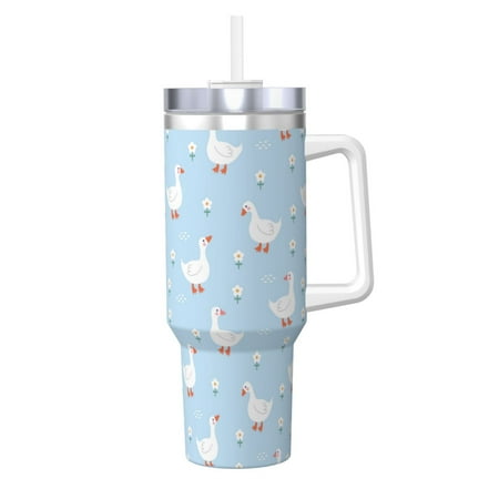 

Goofa Goose White Flowers Print 40oz Ice Bully With Handle And Straw Stainless Steel Vacuum Insulated Cup And 2 In 1 Straw Lid