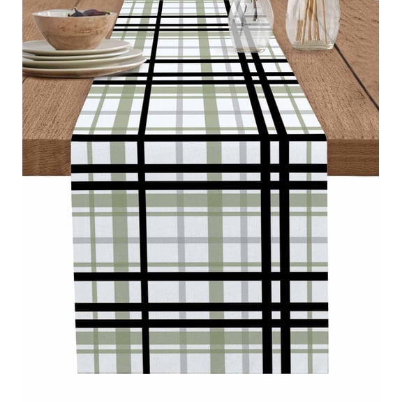 Hokiten Table Runners 72 Inches Long Dress Scarves, Sage Green Black Plaid Farmhouse Kitchen/Dining Table Runner, Coffee Tablerunners, Farmhouse Green Black Checkered 14x72 Inch