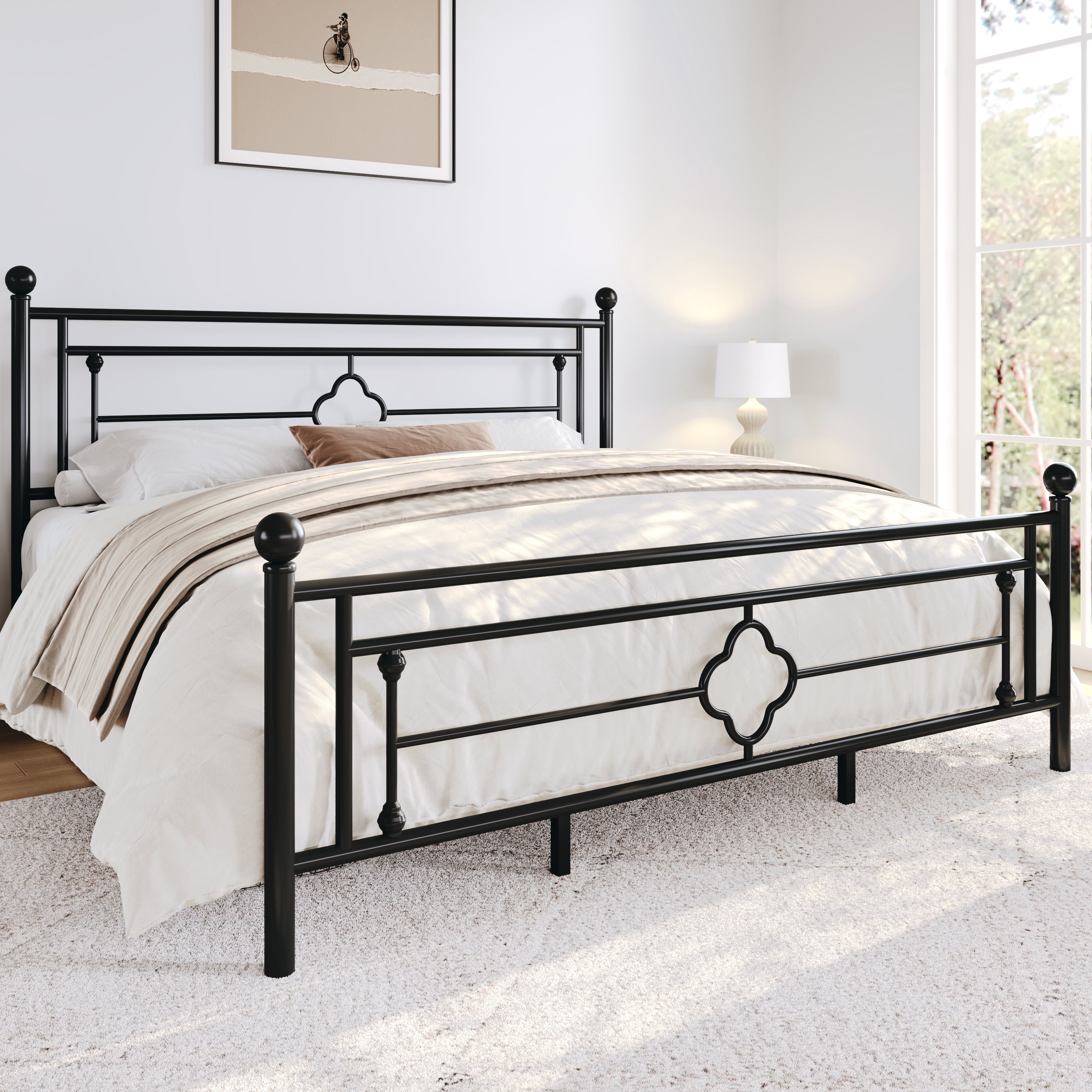 Sha Cerlin Black King Size Metal Platform Bed Frame with Victorian Vintage Headboard