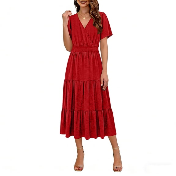 ZQUUVOU Women's V Neck Tiered Midi Dress Short Sleeve Elastic Waist Ruffle Hem Casual Flowy Sundress Summer Beach Outfits Red