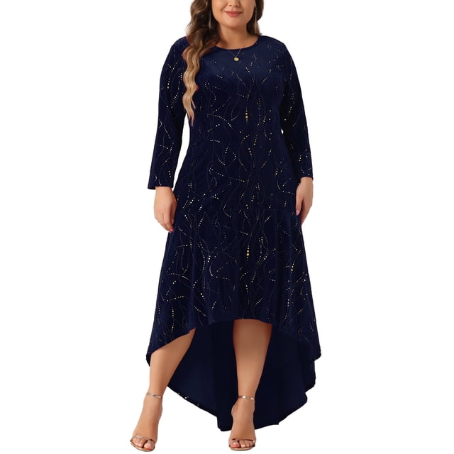 Vestidos formales de talla grande para mujer Agnes Orinda con mangas 3/4, corte sirena, dobladillo alto-bajo, vestido de invitada de boda maxi de terciopelo 2X azul marino