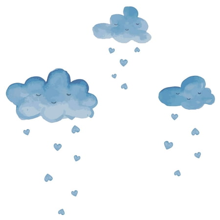 Watercolor Clouds with Cute Happy Faces Artwork Design for Relaxing Room Vinyl Wall Decal - Beautiful Raining Sky Art for Living Room Wall Decoration 28" x 22"