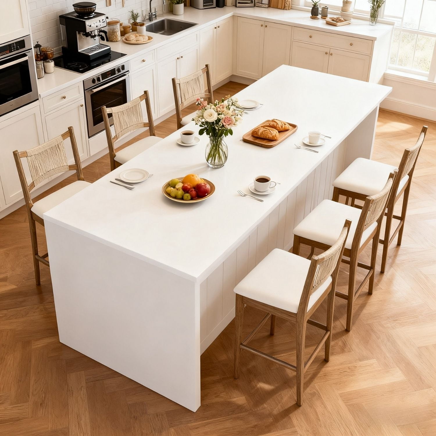 Dayalane Farmhouse Bar Stools Set of 6, 25.5" Counter Height Bar Stools with Paper Cord Woven Back and Solid Wood Frame, Chenille Upholstered Kitchen Island Chairs for Bar Restaurant Kitchen, Beige