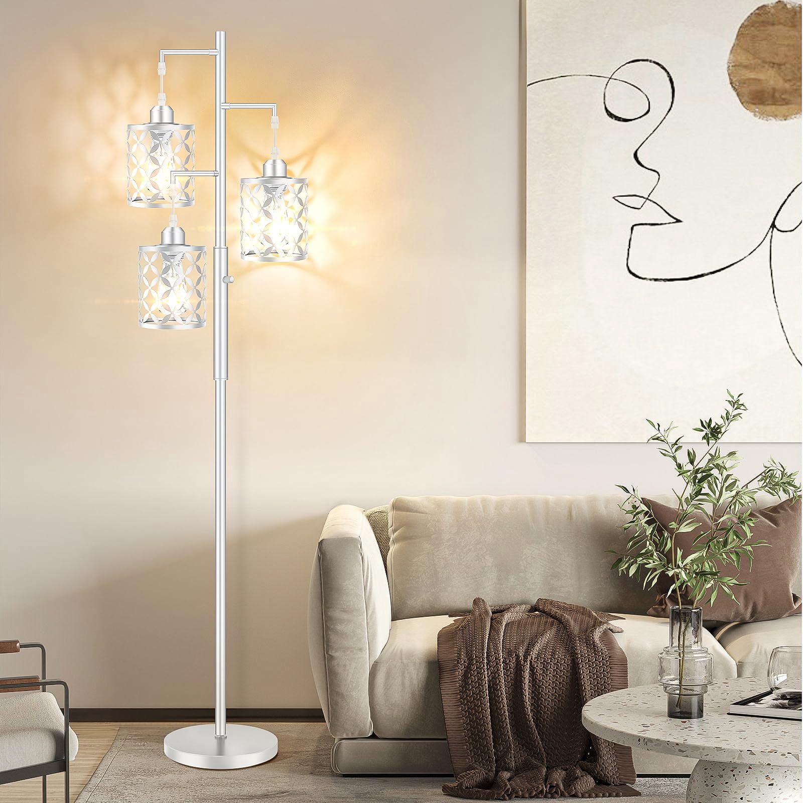 68" Dimmable Floor Lamp with Metal Cage, 3 LED Bulbs Included for Living Room Bedroom