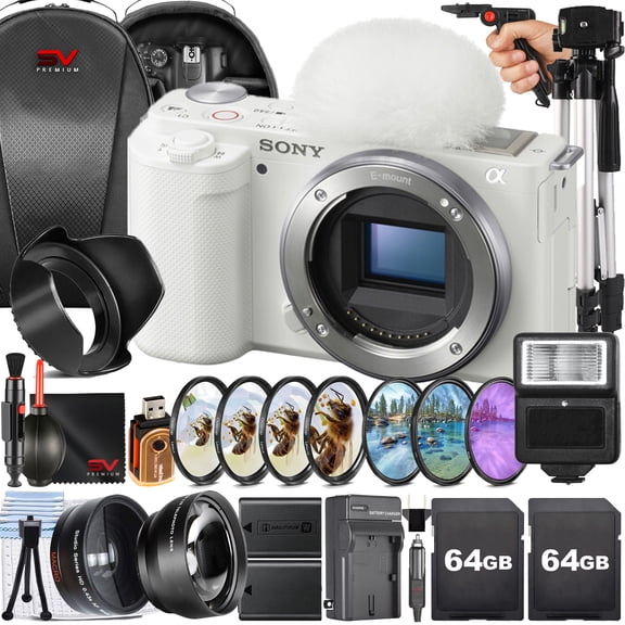 Sony ZV-E10 Mirrorless Camera (Body Only, White)   2 Pack 64GB Memory Card   Backpack   Wideangle   Tripod   SV Premium Accessory Bundle (International Version)