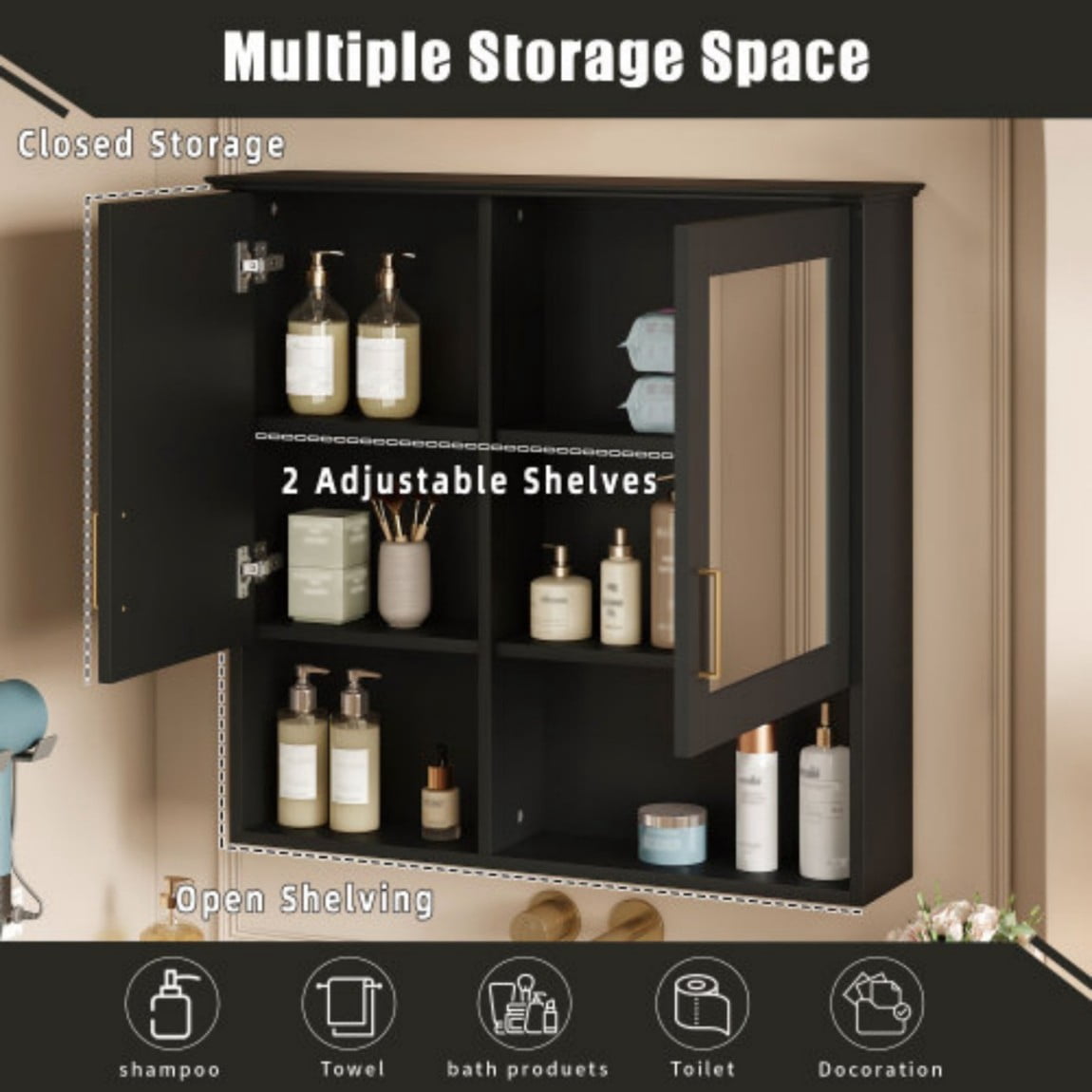 30" Wall Mounted Medicine Cabinet with Mirror, Bathroom Storage Cabinet with Adjustable Shelves, Soft Close Doors, Modern Mirror Cabinet for Bathroom Vanity, Black
