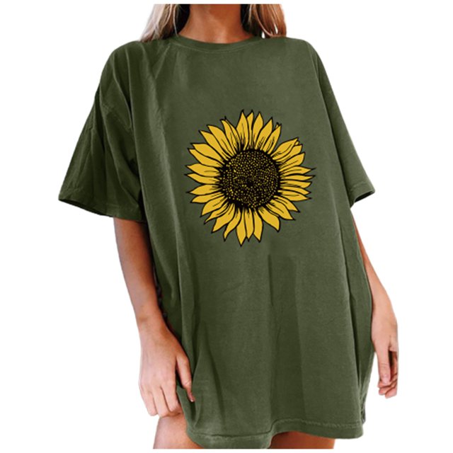 PVCS T-shirt à Manches Courtes Ample Col Rond Imprimé Tournesol pour Femmes