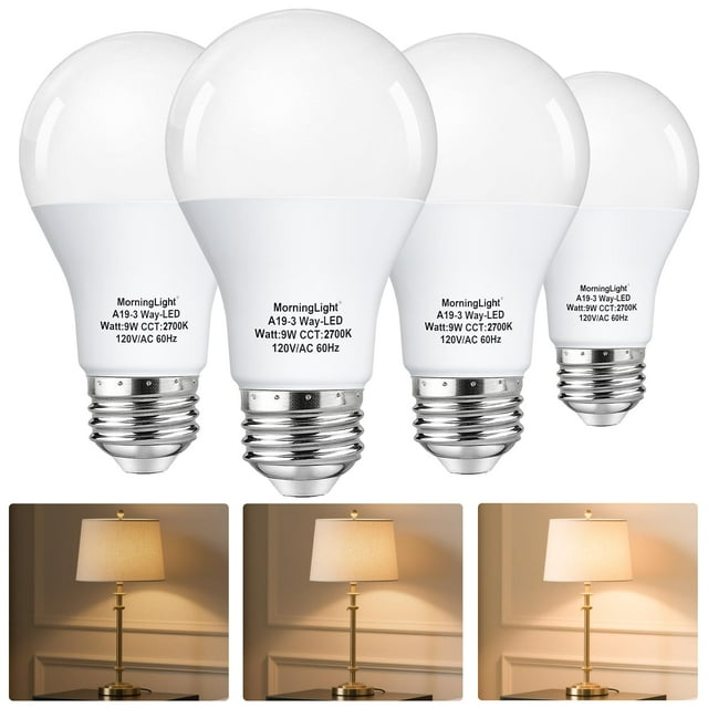 Bombillas LED MorningLight A19, 3 vías, 9 W, 2700 K, E26, paquete de 4