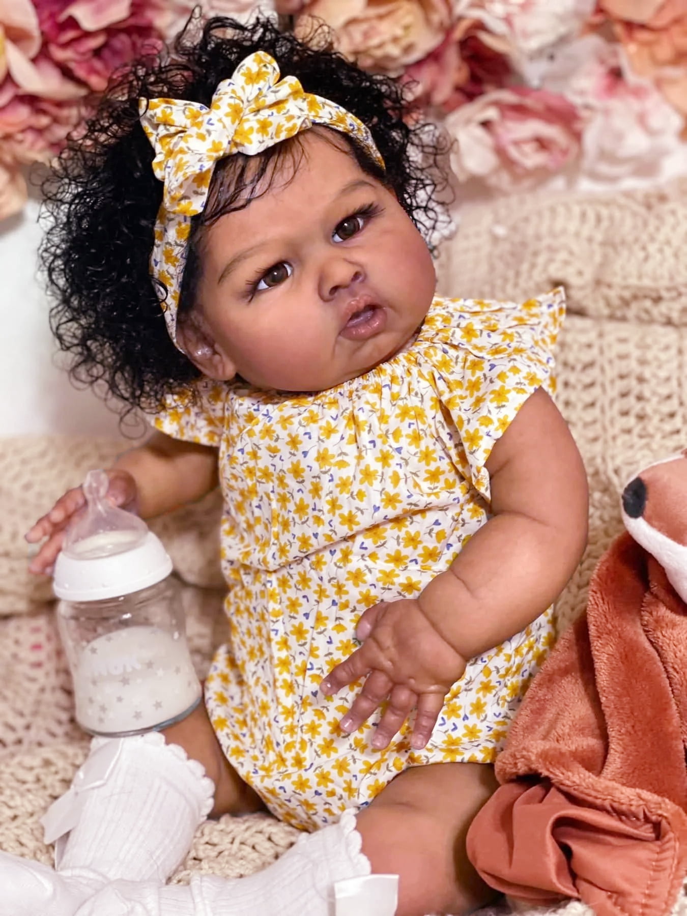 iCradle 24 inch 58cm Lovely Reborn Baby Dolls Girl Reborn Toddler Realistic Looking Lifelike Baby Doll Soft Cloth Body Newborn Dolls Rooted Curly Hair Xmas Gift for Kids 3+