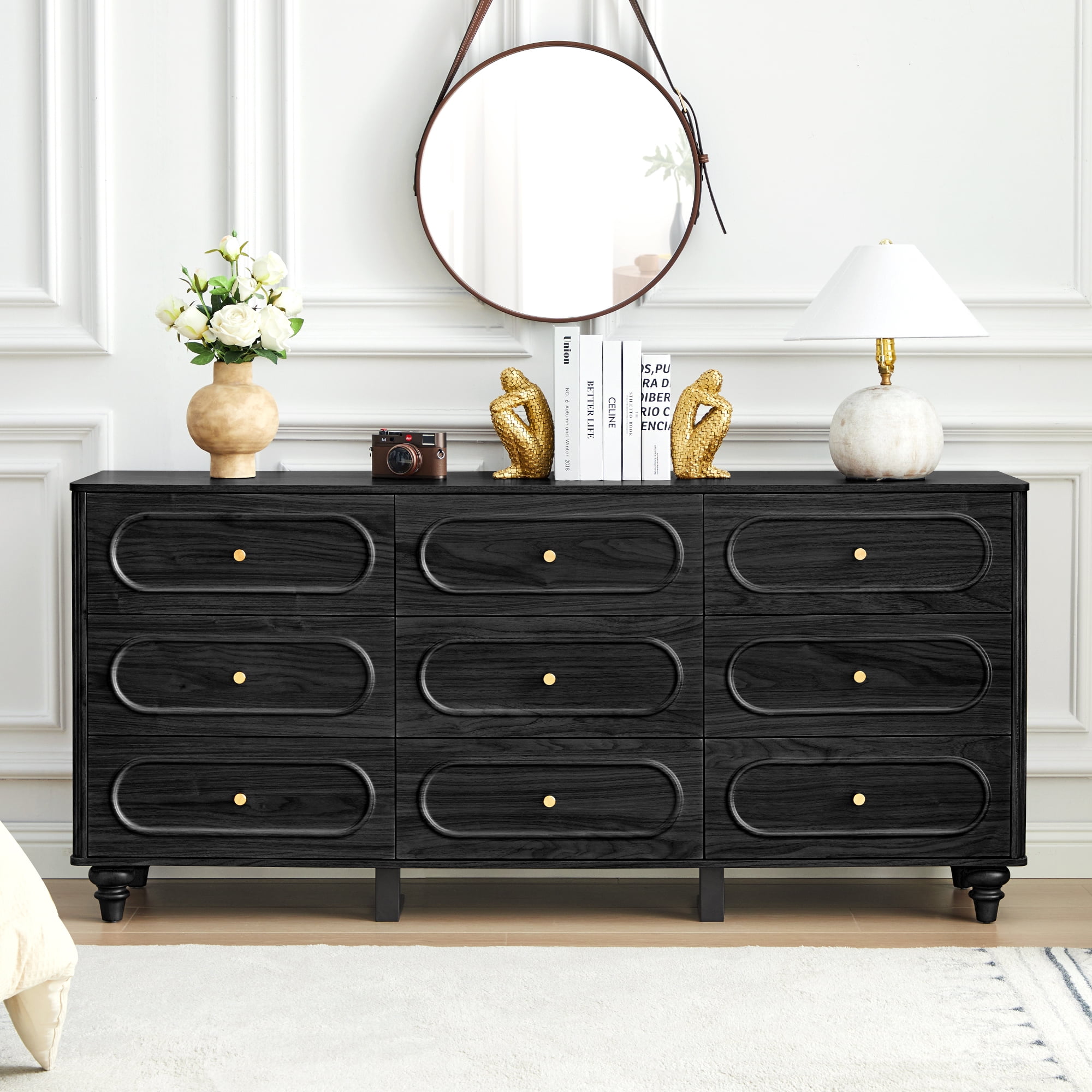 Weselon 9 Drawer Fluted Dresser for Bedroom, Mid Century Chest of Drawers with Arc Edge, Wood Storage Large Dresser Organizer for Bedroom Living Room Hallway Closet, Black