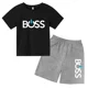 thumbnail image 3 of Conjunto de 2 piezas de camiseta de manga corta y pantalones cortos con estampado de letras de marca de verano, traje deportivo informal para niños y niñas, conjunto de moda para niños, 3 of 5