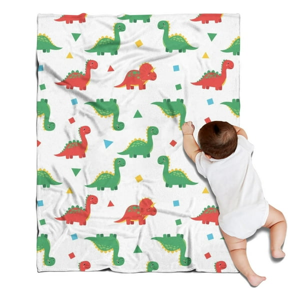 White Cartoon Dinosaurs Geometric Shapes Pattern Blanket,Comfortable Soft Flannel Throw Blanket,All Season,Warm Lightweight Blankets for Sofa Bed Couch Living Room Chair,30"x40"
