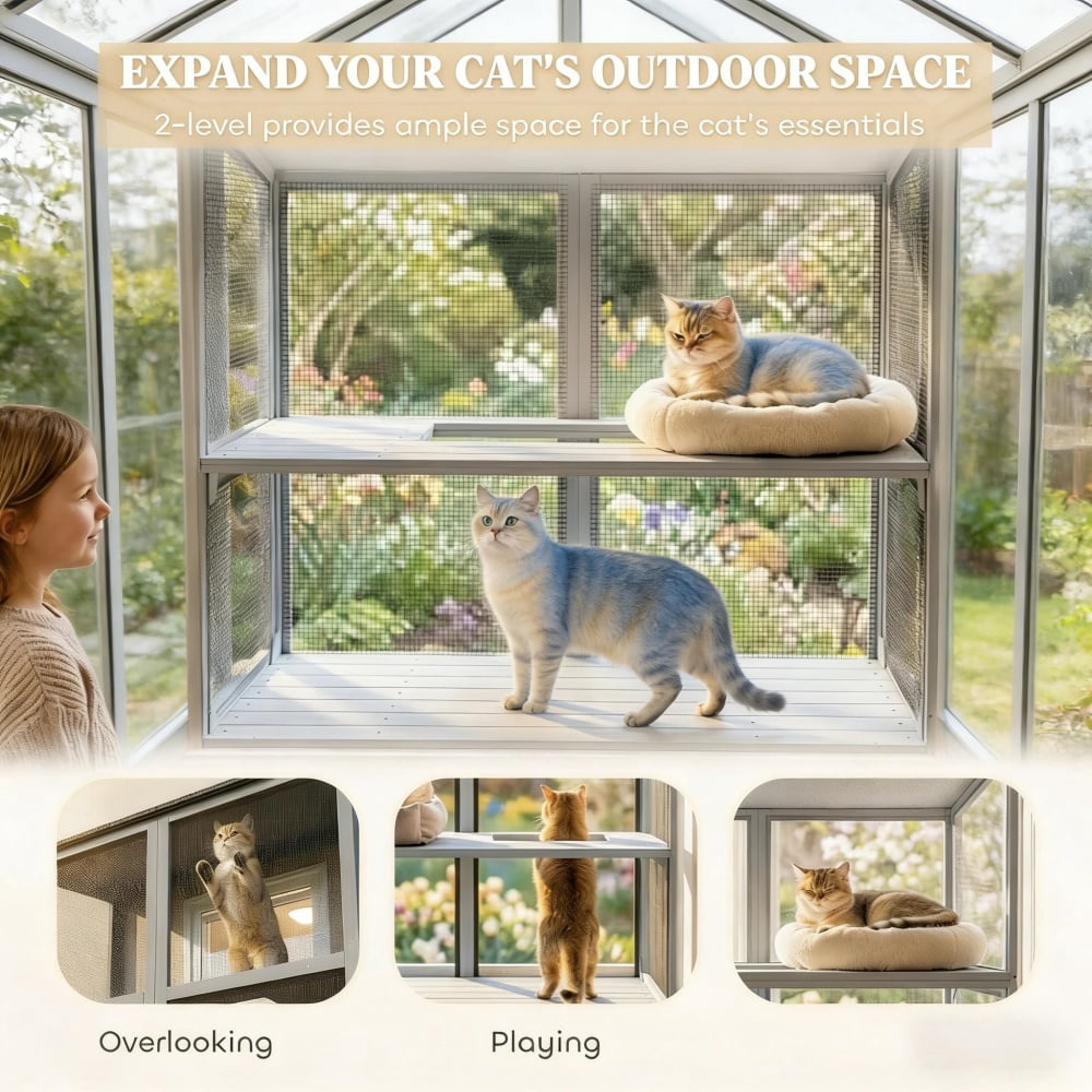 Wall-Mounted Catio Cat Enclosure 2-Tier Large Outdoor Cat House with Waterproof Roof & Secure Mesh Window Cat Perch for 1‑2 Cats Gray Wooden Cat Patio