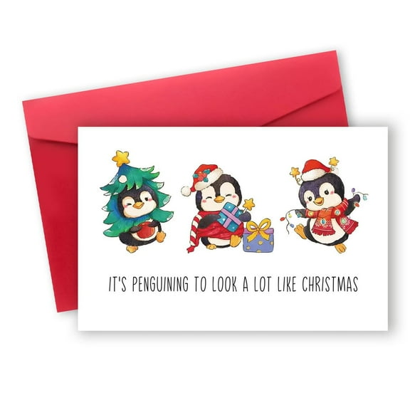 Penguin Christmas Card – "It's Penguins-ing to Look a Lot Like Christmas" – Cute Design with Envelope – Perfect Holiday Greeting Card for Friends and Family