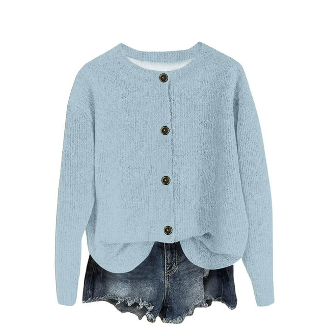 Lmnyox Button Down Cardigan for Women Solid Long Sleeve Crew Neck Knit Tops Fall Winter Fashion Sweaters