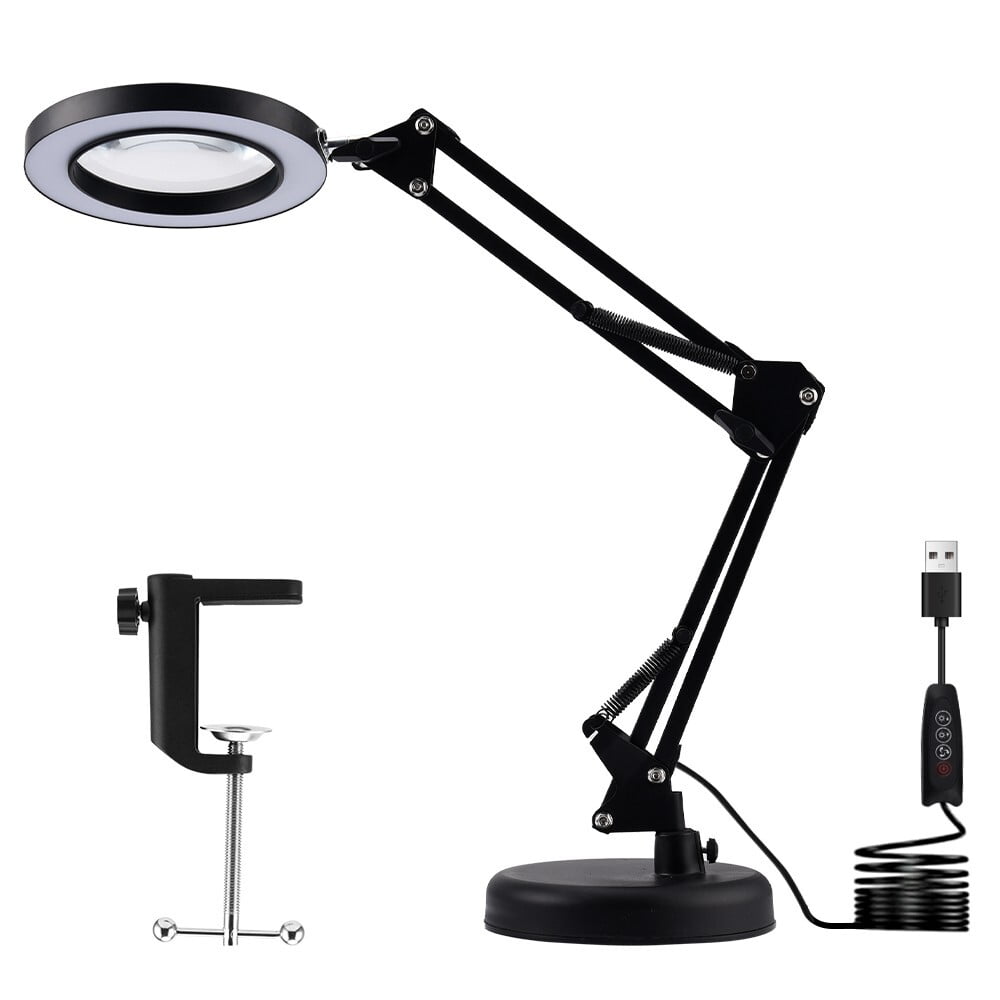 10X LED Magnifying Glass with Stepless Dimmable, 3 Color Modes, Real Glass Lens Magnifying Lamp with Light Desk Lamp Clamp for Crafts, Reading, Close Work - Black - Walmart.com
