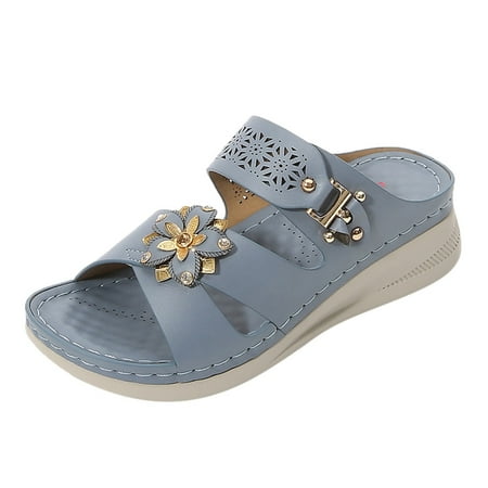 

Hvyesh Womens Summer Slip-On Wedges Beach Open Toe Breathable Sandals Embroidery Shoes Summer Open Toe Slide Sandals Comfortable Flats Flip-Flops Sandal