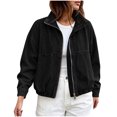 thumbnail image 2 of Karymi Cute Tops for Women Zip Up Stand Collar Denim Jacket, Long Sleeve Elastic Hem Jean Coat with Patch Pockets, Casual Vintage Outerwear for Spring Fall Jackets for Women, 2 of 9