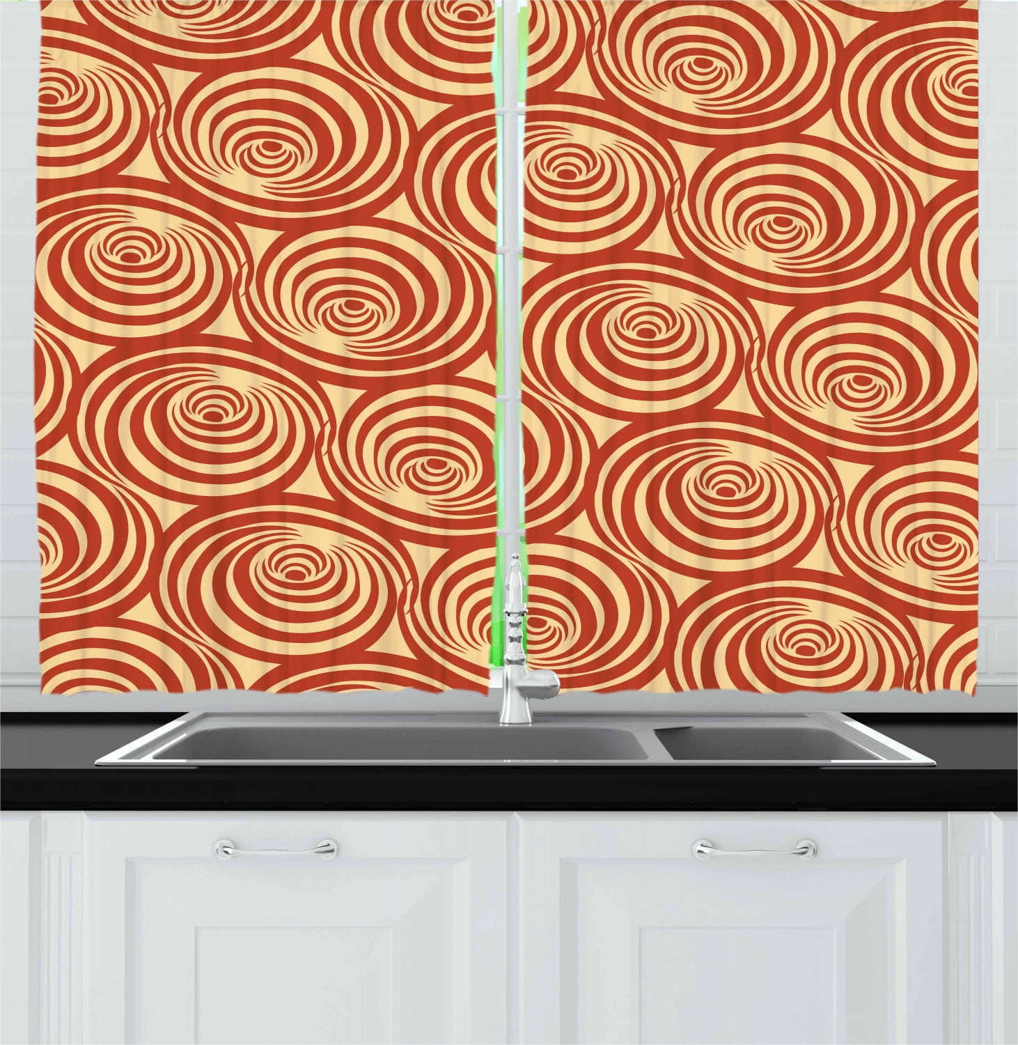 Retro Curtains 2 Panels Set, Circular Spiral Motifs Old Fashioned
