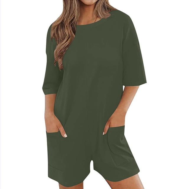 YFELWZ Combinaisons Grande Taille pour Femmes Col en V Manches Courtes Décontractées Tee-Shirt Réversible avec Poches Vert Armée S