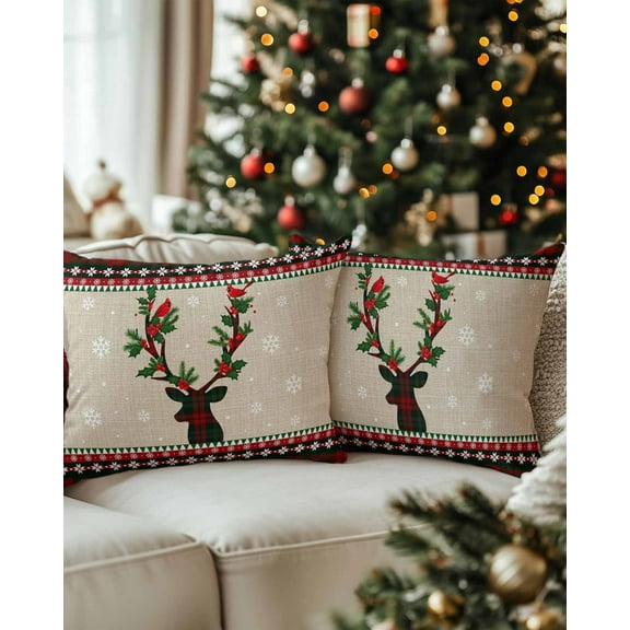 Christmas Decorative Throw Pillow Covers 12x20 Inch Set of 2 Red Plaid Pillow Cases for Couch, Reindeer Cardinals Berry Snowflake Cushion Case for Living Room Bedroom Bed Car Chair