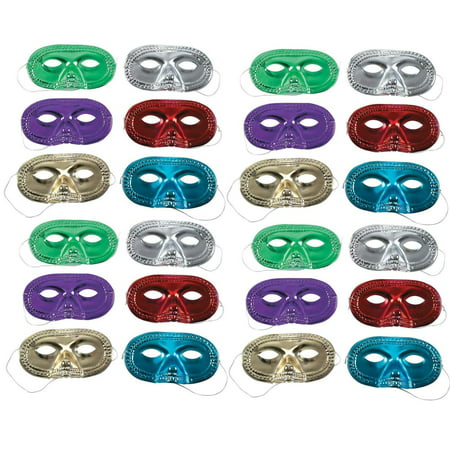 Metallic Half Mask - Pack Of 24 – Assorted Cool Colors - For Kids Ages 5 - 14, Masquerade, Mardi Gras, Parties, Prom, Halloween, Dress Up, Costume - By Kidsco