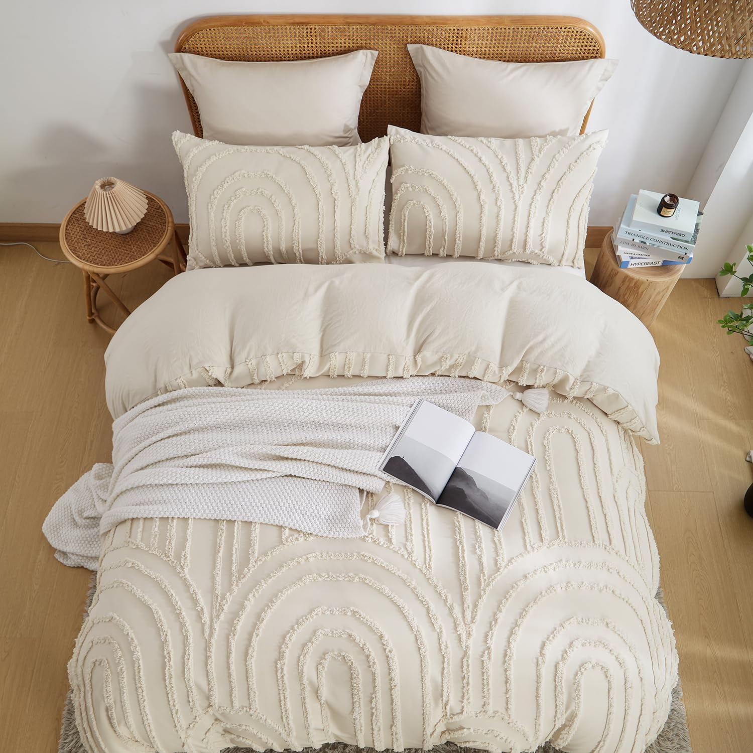 Nayoroom 3 Pieces Geometric Arch Pattern Tufted Microfiber Duvet Cover Set Beige Boho Shabby Chic Luxury Soft Bedding Set,Queen Size