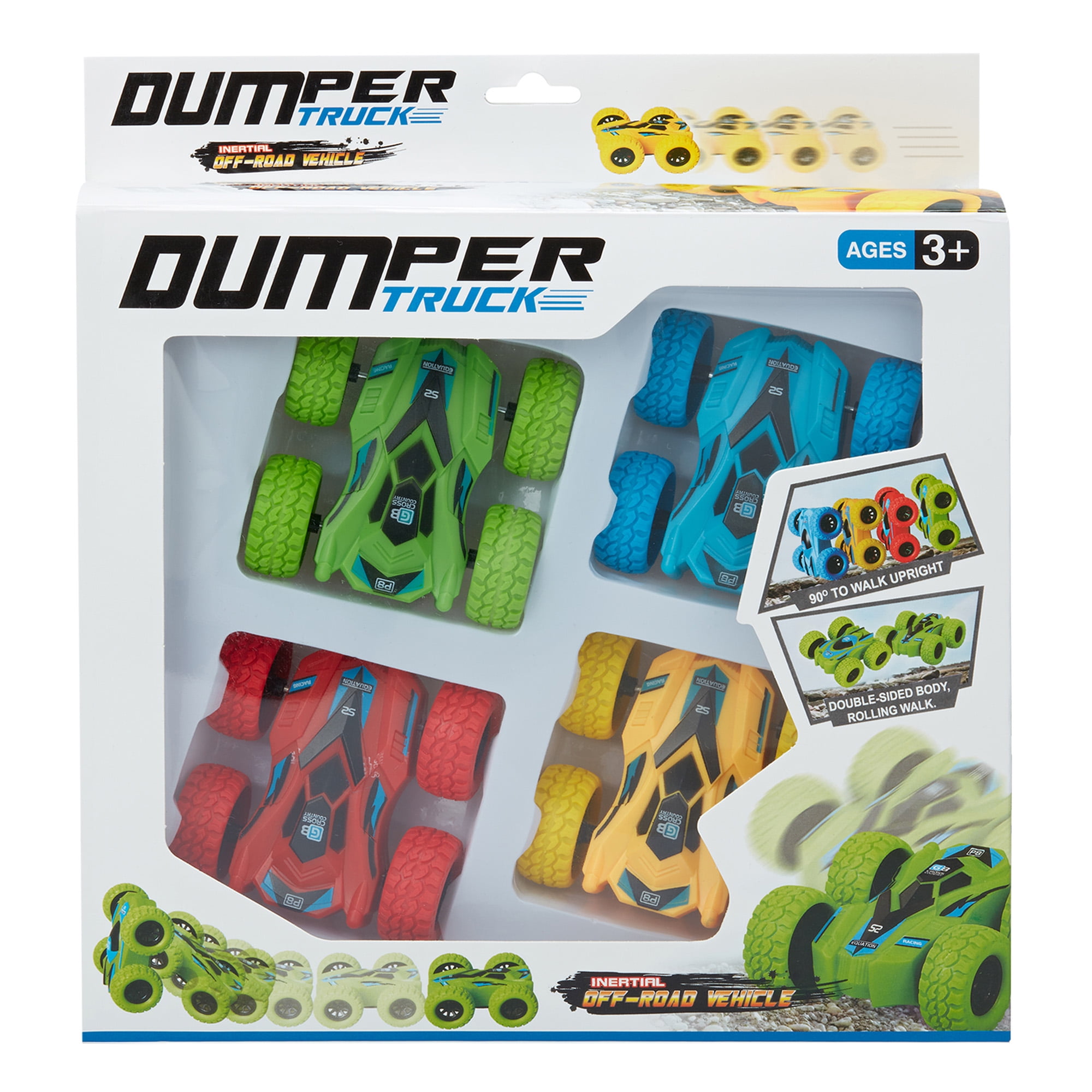 Set of 4 Friction Powered Car Toys Set, Double-sided Stunt Flip Inertia Car, Push and Go Toy Cars for Toddlers, Powered Pull Back Toys Vehicle 360 Rotation and Flips Off Road Novelty Car Toys Gift