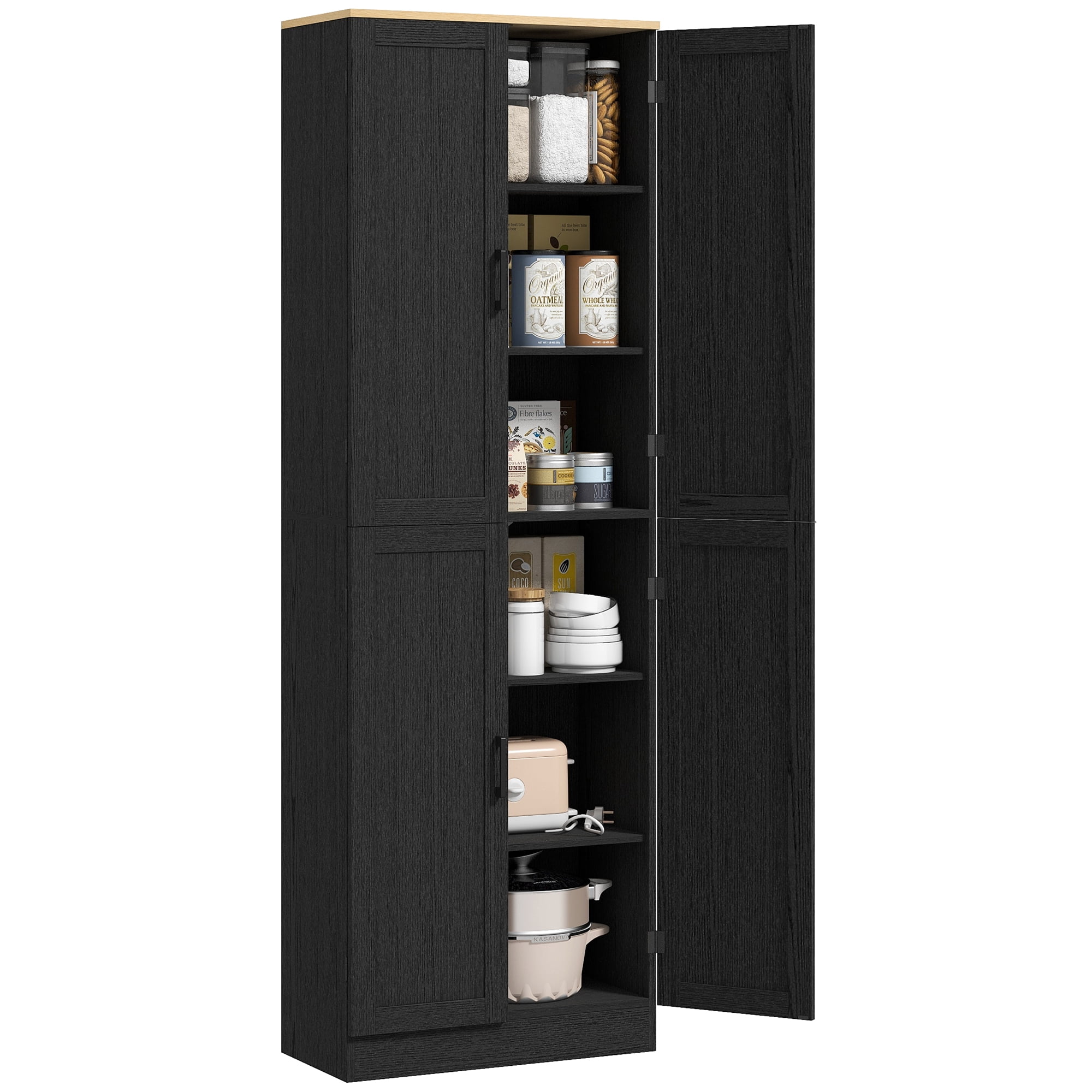 HOMCOM 67" Freestanding Kitchen Pantry, 4-Door Storage Cabinet Organizer with Adjustable Shelves and Doors, Distressed Black