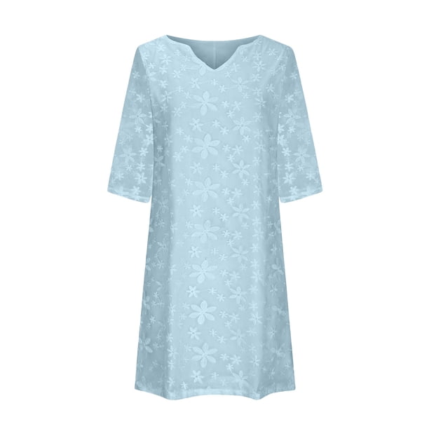 Puntoco Vestido De Manga Corta Con Cuello En V, Vestido De Media Manga Con Cuello En V Bordado De Malla De Color Liso A La Moda Para Mujer Azul Claro Xl