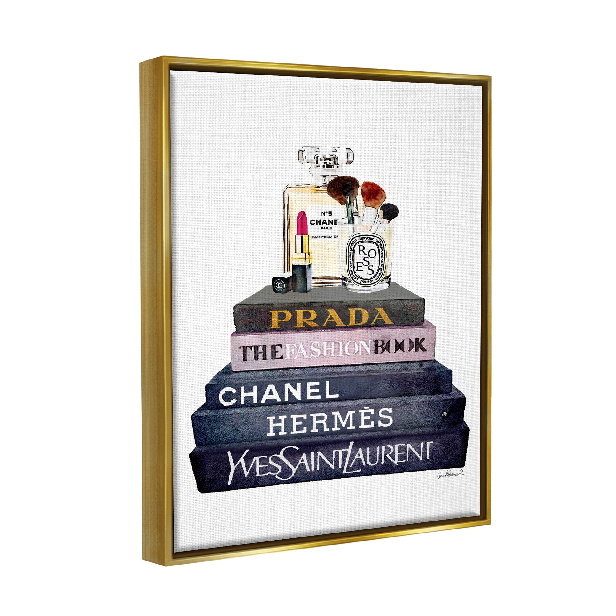 Stupell Industries Glam Fashion Book Set With Makeup Metallic Gold Framed Floating Canvas Wall Art, 16x20, by Amanda Greenwood